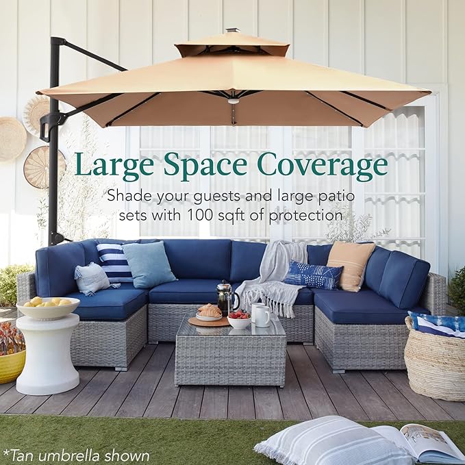 Best Choice Products 10x10ft Cantilever Patio Umbrella w/Base Included, Solar LED Lights 360 Rotation Large Offset Hanging Outdoor Shade for Deck Pool Backyard w/Stand – Sky Blue