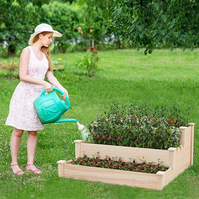 Giantex 3-Tier Raised Garden Bed, Tiered Planter Box w/Open-Ended Base, Fir Wood Elevated Raised Beds for Gardening, Vegetable Flower Herb Fruit, Perfect for Patio, Lawn, Backyard