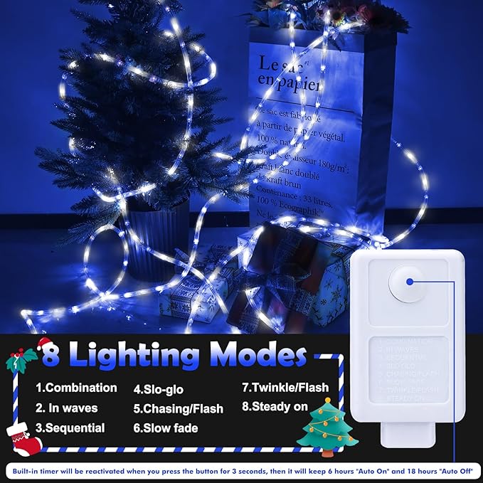 150ft LED Rope Lights Outdoor, 1080 LED Connectable and Flexible Tube Lights with 8 Modes, Waterproof LED Rope Lighting for Garden Patio Bedroom Party Pool Indoor Outdoor Christmas Decor (White&Blue)