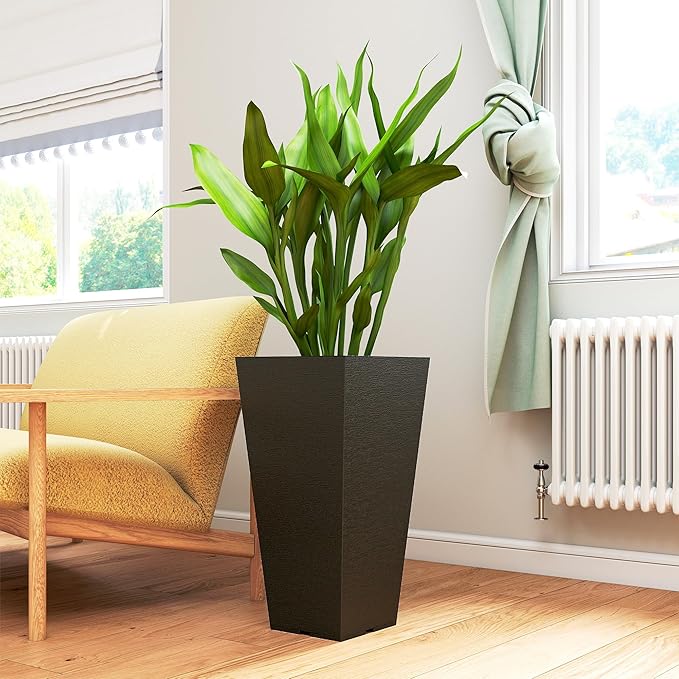 Outsunny 23 Inch Tall Planters for Outdoor Plants, Set of 2 Plastic Flower Pots, Weather and UV Resistant Stackable Tapered Large Planters for Front Door Patio Garden Use, Black