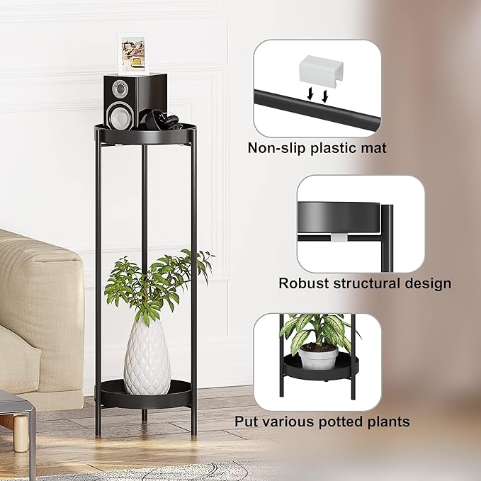 Metal Black Tall Plant Stand Indoor or Outdoor - 30 inch 2 Tier Modern Corner Planter Shelf Rack with 2 Removable Display Shelves(10 inch) for Bedroom Living Room Balcony