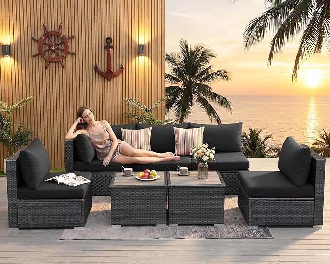 NICESOUL 7 Piece Modern Outdoor Conversation Sets, 29.3'' High Back Comfy Wicker Patio Modular Sectional with Side Tables, Extra Large and Deep Size L-Shaped Couch Furniture for Backyard Porch, Grey