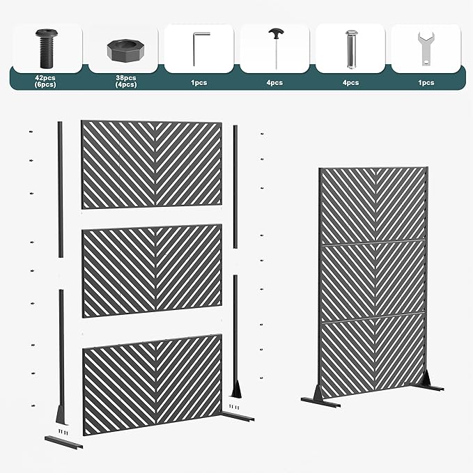 Casaphoria Metal Privacy Screen Outdoor, 72" H x 47" W Freestanding Decorative Privacy Screen for Patio Deck Balcony Garden with Stable Base, Black-Benjamin
