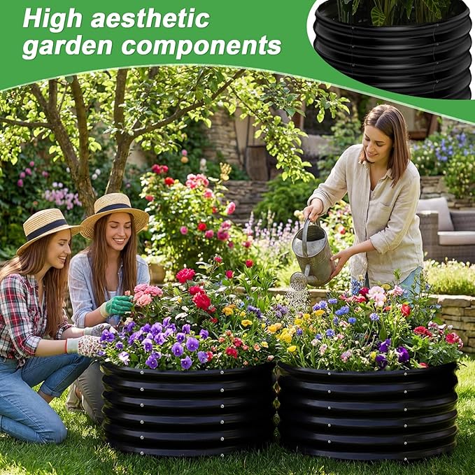 AHEONLAR 2 Pack 2x2x1.5ft Round Galvanized Raised Garden Bed Outdoor Metal Planter Box for Vegetables Steel Raised Beds for Gardening Black