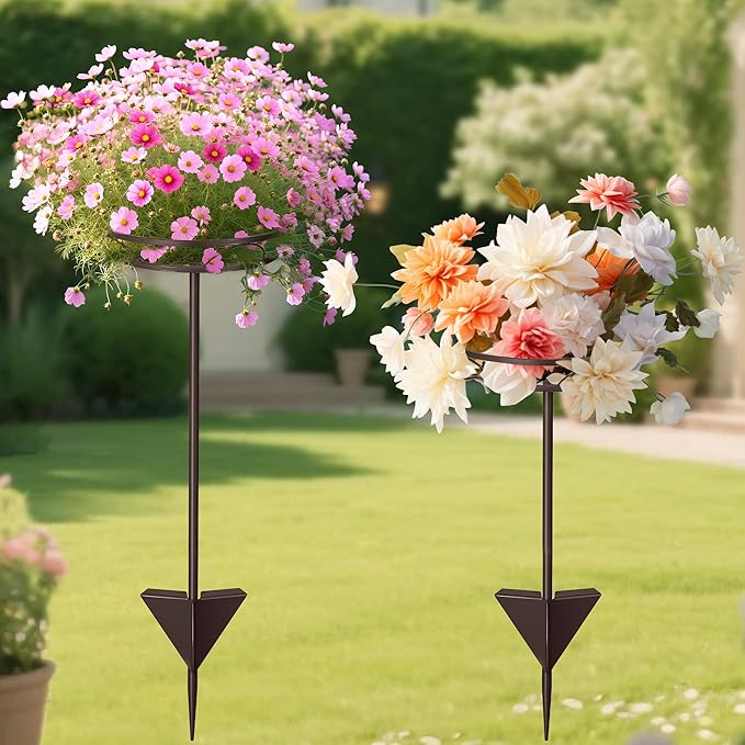 Tellingyou 2 Pack Adjustable Outdoor Flower Pot Stand, Metal Outdoor Plant Stands, Spring Summer Versatile Plant Stand Garden Stake for Display Plants, Elegant Solution for Landscaping Decor (Brown)