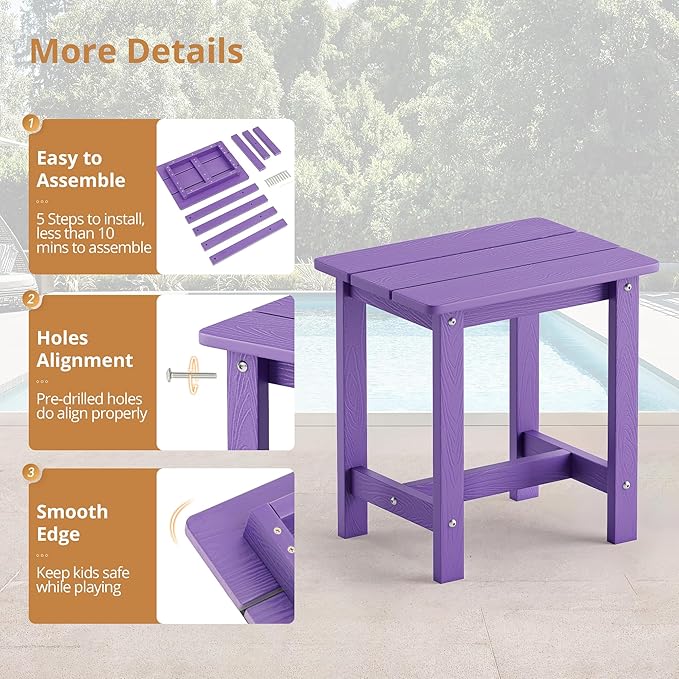 LUE BONA Outdoor Side Table Set of 2, HDPS Small Outdoor Table, Adirondack Side Table, Outside End Table for Patio, Porch, Deck, Pool, Weather Resistant/Easy Maintenance, Purple