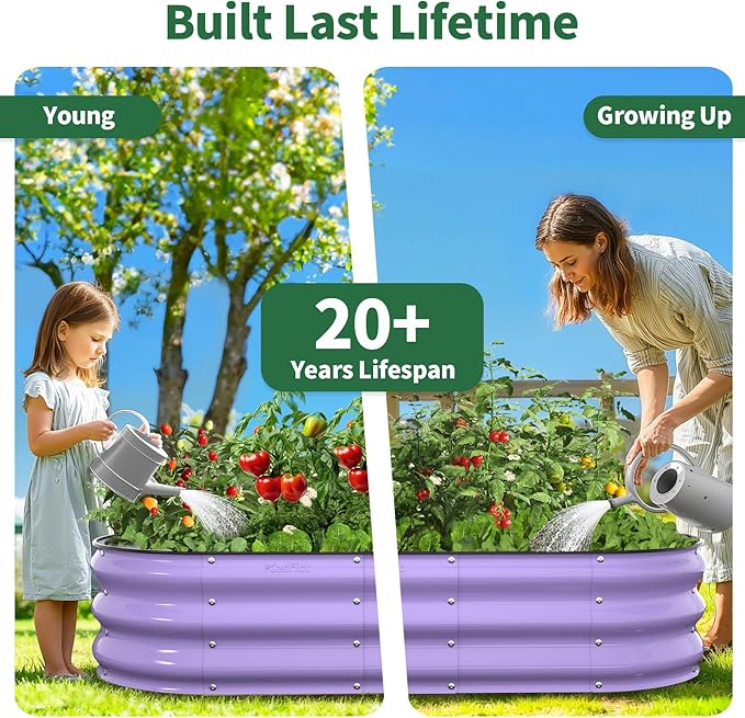 Kesfitt Raised Garden Bed, 4x2x1 FT Galvanized Steel Metal Raised Garden Bed, Oval Open-Bottom Design, 12-Inch Deep for Outdoor Vegetable & Herb Gardening, Lavender Purple