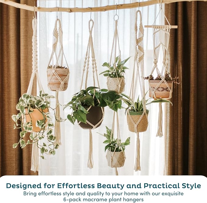 Nook Theory 6-Pack Macrame Plant Hangers with 12 Hooks - Hanging Planters for Indoor Plants, Boho Macrame Hangers Indoor Outdoor, Decorative Plant Hanger Indoor (Black)