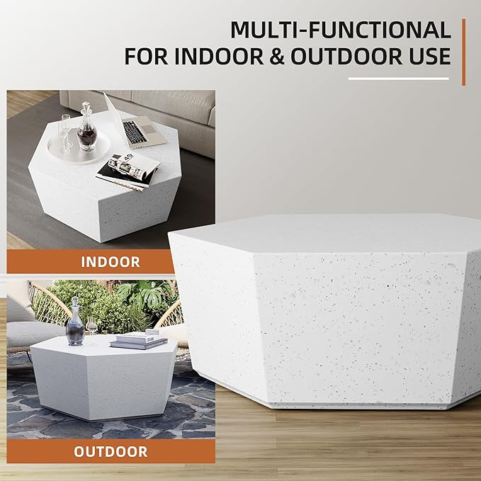 UPHA Outdoor Hexagon Coffee Table, Small Modern Minimalist Accent Tables, Low Light Concrete Center Table for Living Room, Outside Patio, Deck, 35×30.7×15, Off-White