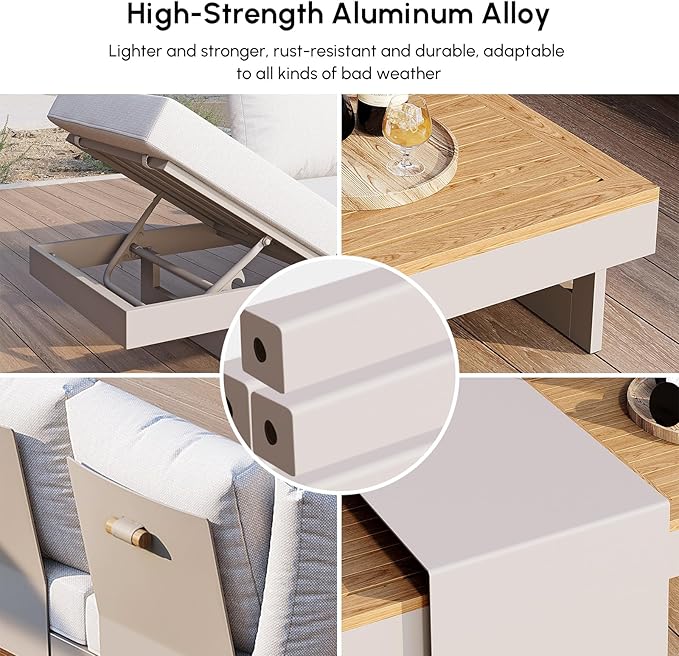 homary 6 Piece Aluminum & Teak Outdoor Sofa Set, Patio Sofa Seat L-Shaped Outdoor Sectional Sofa Set with Adjustable Backrests/Waterproof/Fade Resistant Cushions Ideal for Patios/Balconies,Light Gray