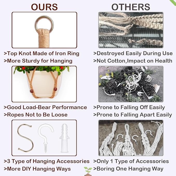 Macrame Plant Hanger Indoor Set,Hanging Planters for Indoor Plants Outdoor,Hanging Plant Holder Basket Pot with 8 Hooks,Boho Home Decor Crochet Beads Window Ceiling,No Tassels 4 Pack,Brown