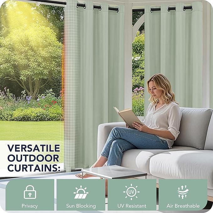 Outdoor Curtains for Patio Waterproof 6 Panels - Windproof, Privacy, Weatherproof Outside Drapes for Gazebo Pergola Porch, Grommet Top and Tab Bottom, 54x108 Inch, Sage Green