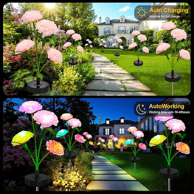 Upgraded Solar Garden Lights, 4 Pack Outdoor Solar Lights, New Round Panel for 40-Hour Runtime, Serve as Outdoor & Indoor Decor, 7-Color Changing Flower Lights, Waterproof for Patio Yard Decoration