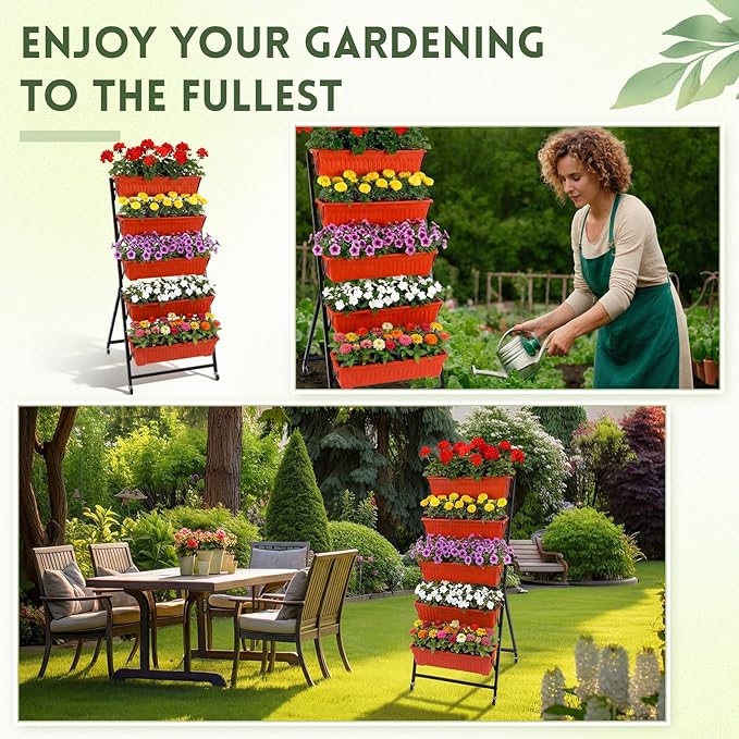 2 Pack 5-tier Vertical Garden Planter 4.5 ft Tall Raised Garden Bed with Lockable Wheels & Drainage, Removable Elevated Herb Vegetable Flower Planter for Patio Deck Indoor Outdoor(Brick Red)