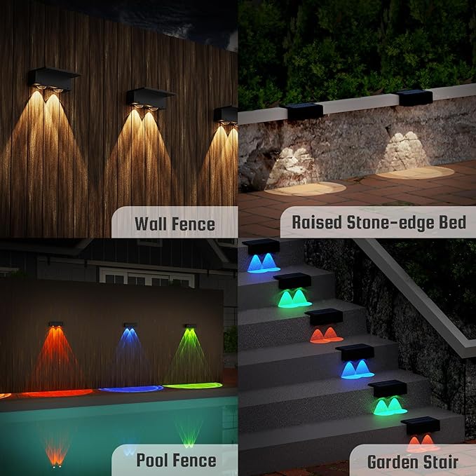 8-Pack Multi-Color Solar Spotlights for Fence & Wall - 30 Lumen High Brightness, 5 Modes (RGB Color Changing + Warm White) | Easy Mount for Steps, Patio, Yard - Matte Black
