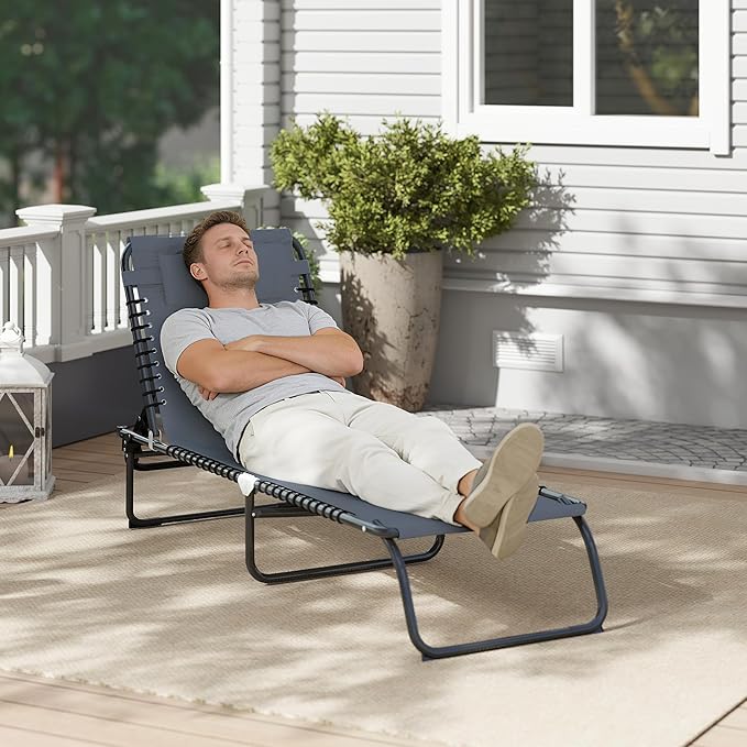 Outsunny Folding Chaise Lounge Chair, Patio Sun Tanning Chair, Outdoor Chaise Lounger with 4-Position Reclining Back, Breathable Mesh Seat for Beach, Poolside, Yard, Gray