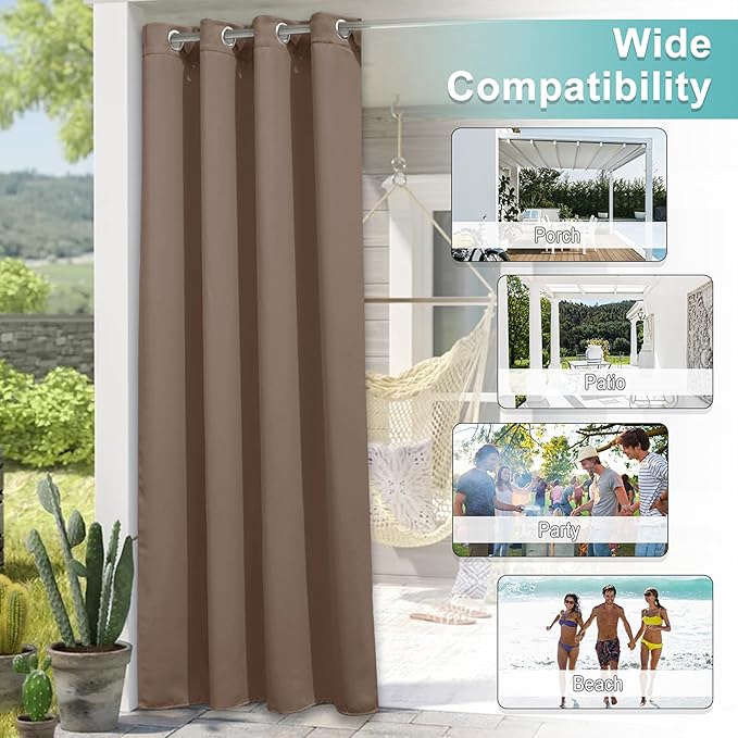 NICETOWN Outdoor Patio Curtain 95 inch Long, 66" Wide Gazebo Waterproof Outdoor Curtain for Deck, Summer Heat Reducing Drapes for Front Porch Pergola Garden Farmhouse, 1 Panel, Tan