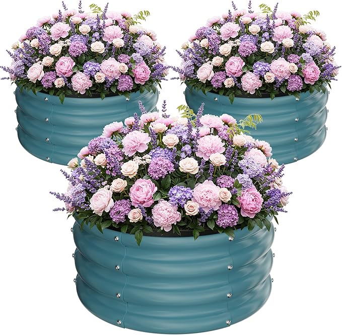 ZXZYHFTY Round Galvanized Raised Garden Bed kit, Blue Outdoor Garden Raised Planter Box, Round Large Metal Raised Garden Beds for Vegetable 2 * 2 * 1ft 3 Pcs