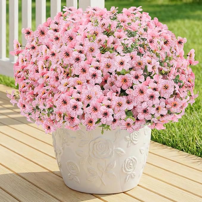 Artificial Flowers for Outdoor Indoor,Silk Flowers No Fade Fake Plastic Flowers Faux Plants for Outdoors Outside Front Porch Hanging Planter Window Box Garden Home Decoration,13 Bundles(Pink)