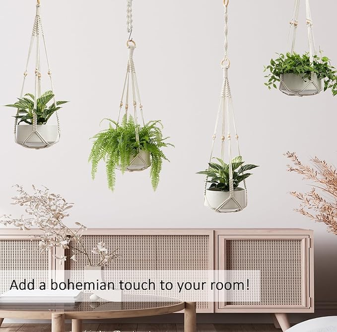 CADNLY Macrame Plant Hangers Indoor – Rope Hanging Plant Holder with Extender - Boho Hanging Planters Indoor - White Macrame Hanger Outdoor Flower Pot Holder from Ceiling Wall 3 Pack 6 Hooks