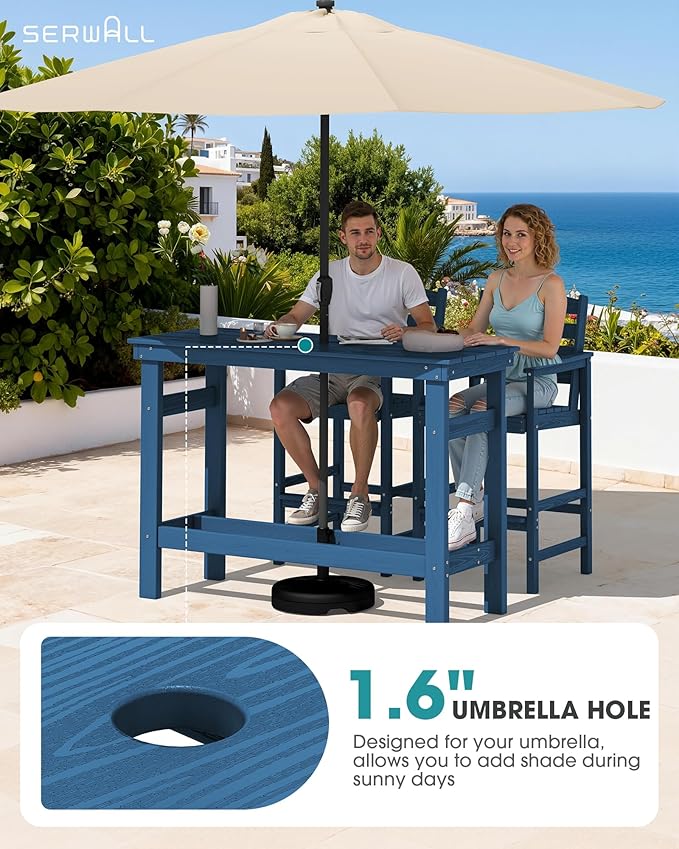 SERWALL 41" Outdoor Bar Table with 1.6" Umbrella Hole, HDPE Patio Bar Counter Height Table, All-Weather Rectangle Bar Table for Backyard, Garden, Poolside, Balcony - Blue