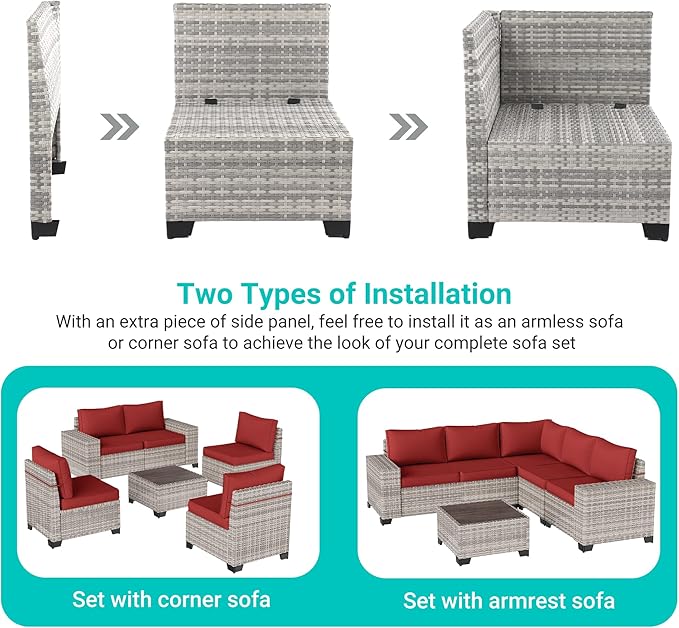 12-Piece Outdoor Patio Furniture Set Wicker Sectional Sofa Set, Patio Conversation Set with Thickened Cushions & Coffee Table for Garden, Backyard, Poolside, Red