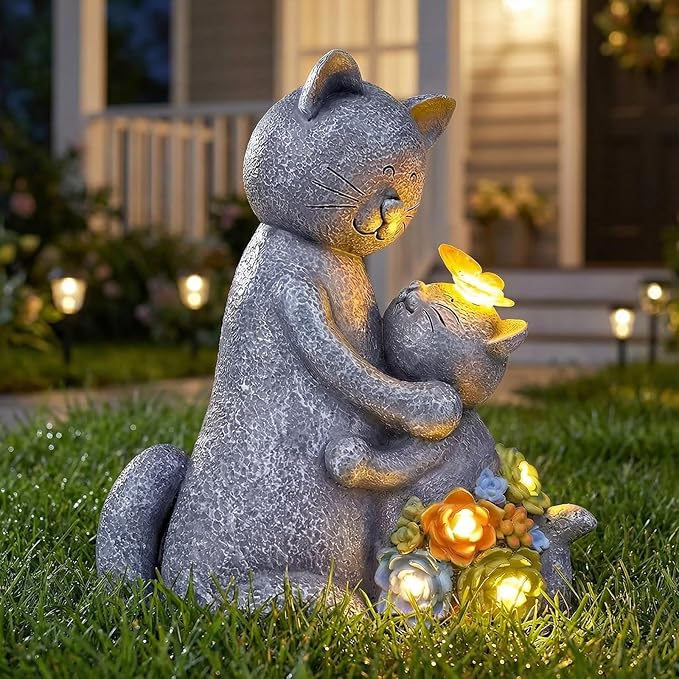 Solar Garden Statues Loving Cat Figurine Lights for Outside, Yard Decorations Outdoor, Garden Decor Unique Mothers Day Birthday Housewarming Gifts for Mom, Women, Lover