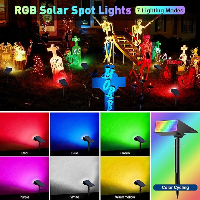 Solar Color Changing RGB Spot Lights Outdoor, 6 Pack/7 Lighting Modes Multicolor Outdoor Lights for Yard Waterproof IP68, Halloween Christmas Solar Landscape Powered Lights Garden Pathway