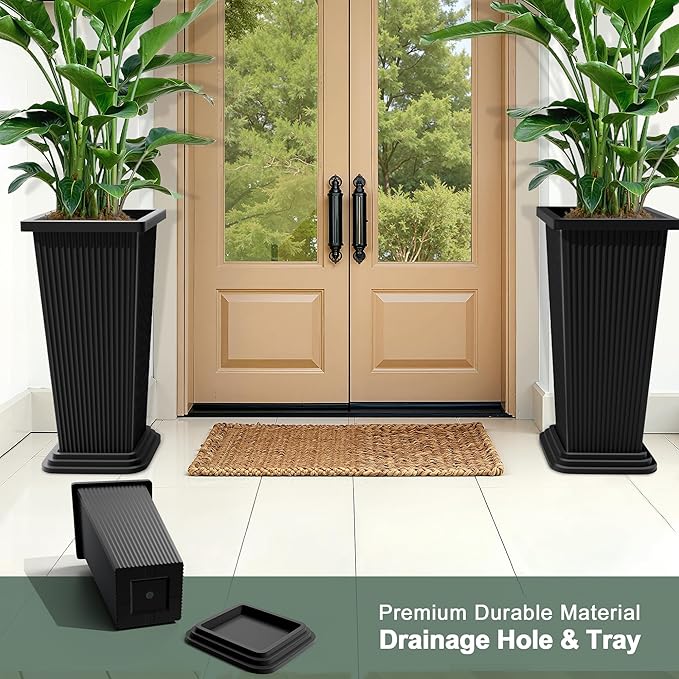 Tall Black Planters Outdoor Set of 2, Large Outdoor Tall Planters Pots with Tray, Modern Tapered Flower Planter for Front Porch, Patio, Garden (24", Ribbed)