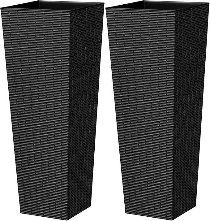 Greesum 32 Inch Tall Plastic Planters(Set of 2), Detachable Inner Pot & Drainage Holes, Outdoor Decorative Flower Pots for Large Plants, Trees, Patio, and Garden, Black