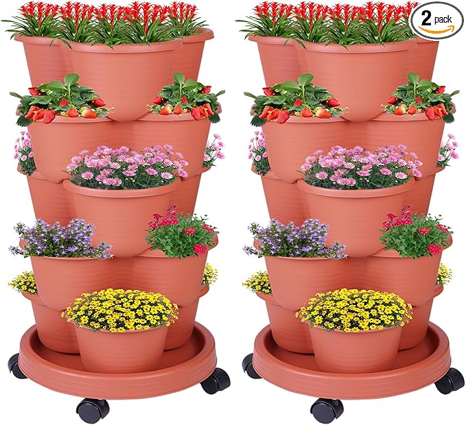 5-Tier Vertical Garden Tower Stackable Planter for Strawberries, Flowers, Vegetables & Herbs 2-Pack