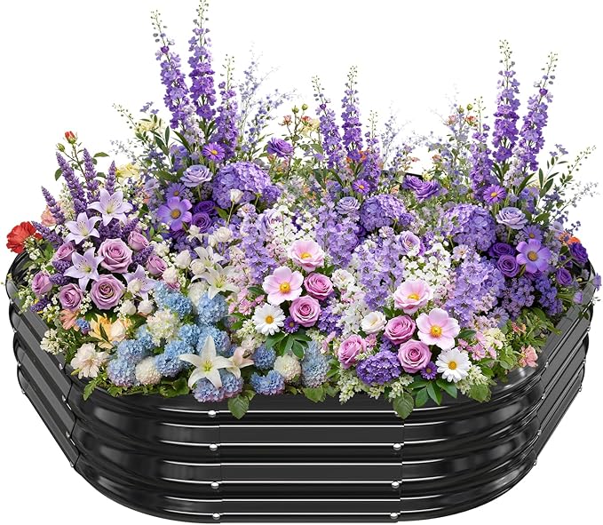 Hexagon Raised Garden Bed, 48 Inch Diagonal & 12 Inch Tall, Galvanized Steel Planter Box with Wave-Shaped Metal Panels for Outdoor Flower,Tree,Herb & Vegetable Garden (Black, 4FT X 1FT)