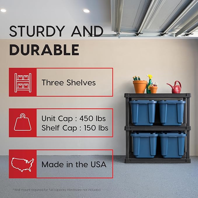 IRIS USA 3-Shelf Heavy Duty Plastic Storage Shelves, 450lb Capacity, 38" H x 36" W x 18" D, Large Modular Shelving Unit Storage Organizer for Garage, Home, Warehouse & Gym, Storage Rack - Black