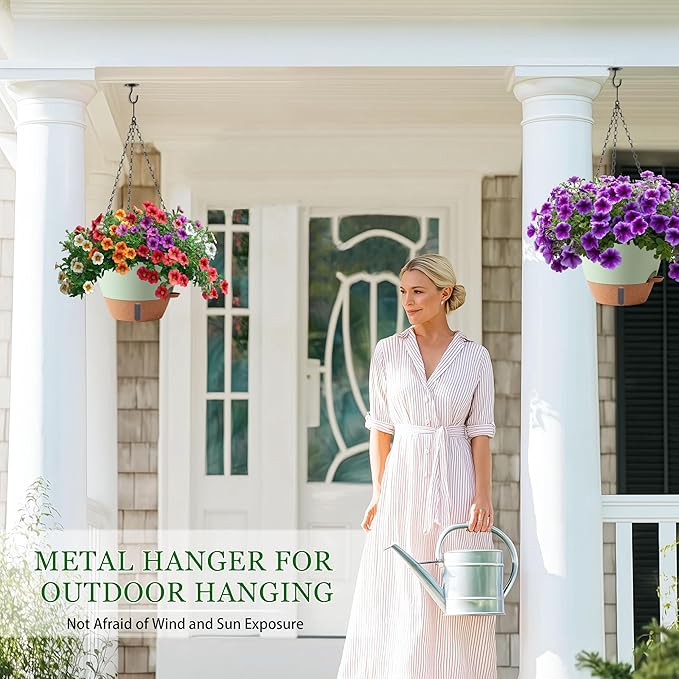 10 Inch Hanging Planters for Indoor Plants, 2 Pack Self Watering Hanging Baskets Flower Pots with Drainage Hole, Visual Reservoir & 2 Kinds of Plant Hanger for Home Decor
