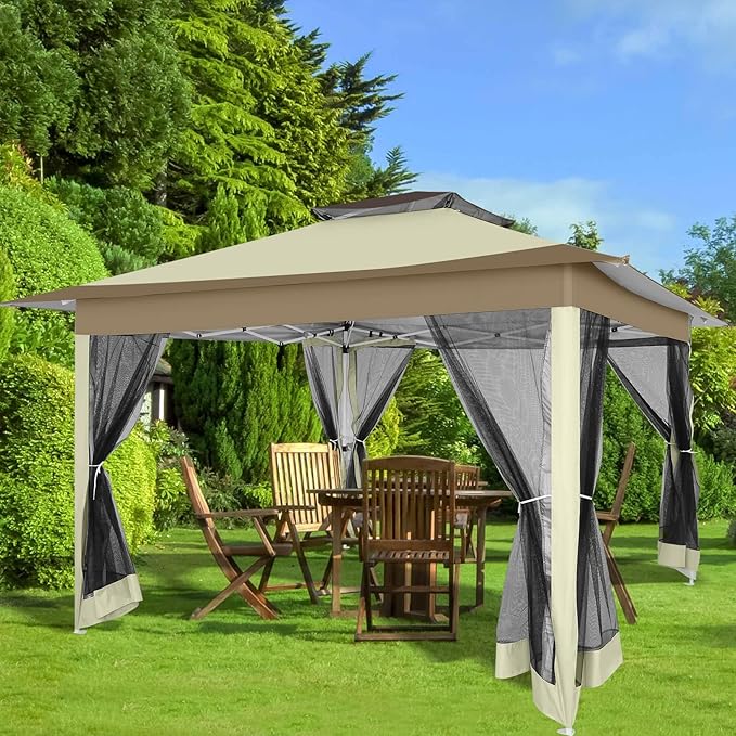 COBIZI 12x12 Pop Up Gazebo On Clearance - Upgrade Easy Up Metal Outdoor Canopy Waterproof - Portable Gazebo with Mosquito Nettings, 4 Ropes 8 Stakes and Carry Bag for Patio Garden(Khaki)