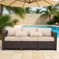 Outdoor Furniture Couch 3 Seater Sofa Outdoor Brown Wicker Sofa Deep Seat High Backrest Patio Couch with Non-Slip Cushions Waterproof Cover, Khaki