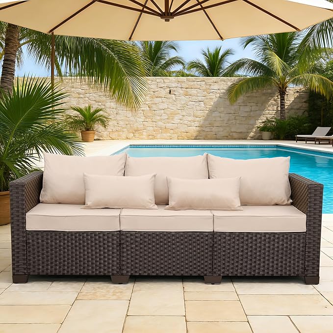 Outdoor Furniture Couch 3 Seater Sofa Outdoor Brown Wicker Sofa Deep Seat High Backrest Patio Couch with Non-Slip Cushions Waterproof Cover, Khaki