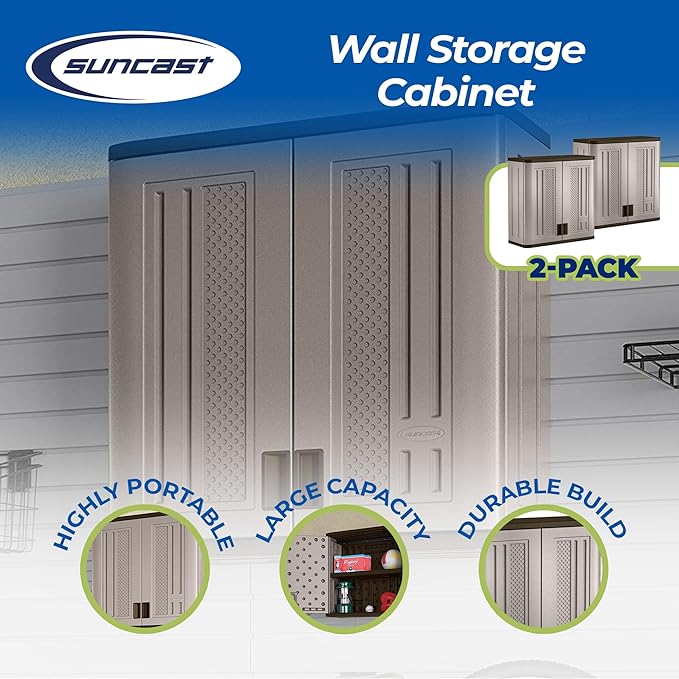 Suncast 2 Pack 4 Cubic Feet Resin Single Shelf Garage Wall Storage Cabinet, Platinum