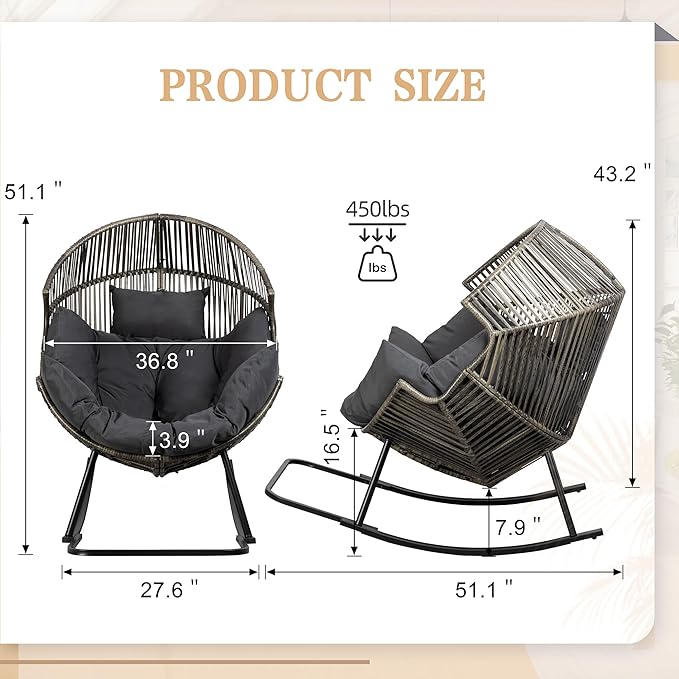 Vongrasig Wicker Rocking Egg Chair PE Rattan with Cushion, Oversized Patio Lounge Rocker Chair for Outdoor, Indoor, Balcony, Backyard, Garden, Black/Rattan