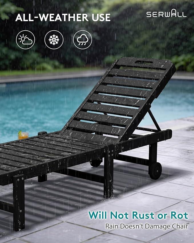 SERWALL Outdoor Chaise Lounge Set of 2, All-Weather HDPE Pool Lounge Chairs with 5-Position Adjustable Reclining Backrest, Rolling Wheels & Cup Holder for Poolside, Black
