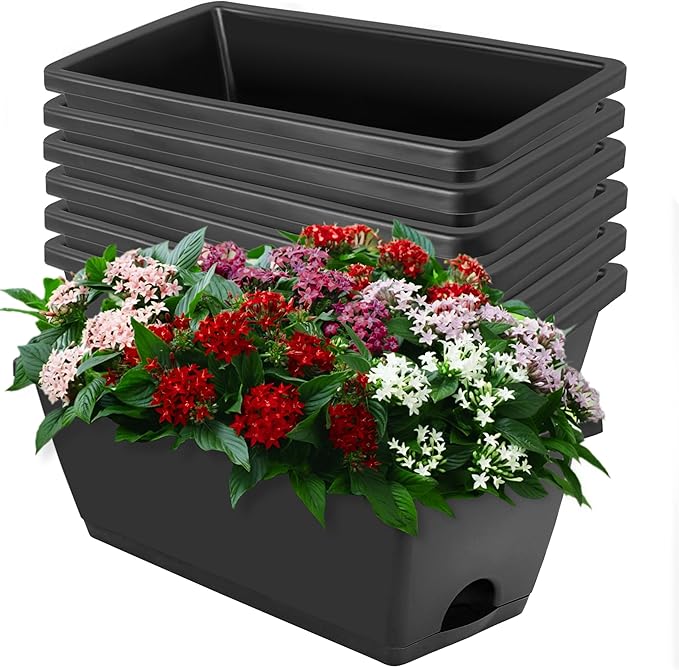 Window Box Planter, 7 Pack Plastic Vegetable Flower Planters Boxes 17 Inches Rectangular Flower Pots with Saucers for Indoor Outdoor Garden, Patio, Home Decor