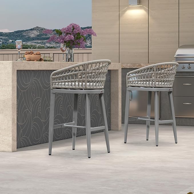 PURPLE LEAF Outdoor Rattan 29" Bar Stools Set of 2, Modern Boho Aluminum Patio Bar Height Chair with Cushion and Back for Garden Outdoor and Indoor, Light Grey
