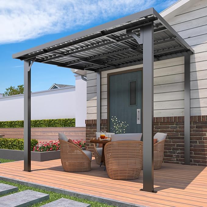 AECOJOY 8x8 Hardtop Gazebo Outdoor Pergola, Small Heavy Duty Lean to Metal Pergolas and Gazebos Clearance, Wall-Mounted Grill Gazebo Galvanized Steel Patio Roof Awnings for Patio, Decks
