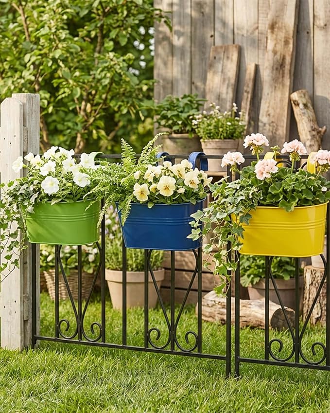 Metal Railing Planter for Outdoor Plants - 3 Pack Balcony Hanging Planter Box with Detachable Hooks and Drain Holes Oval Hanging Pots Fence Planters for Railing Garden Fence, Green Yellow Blue