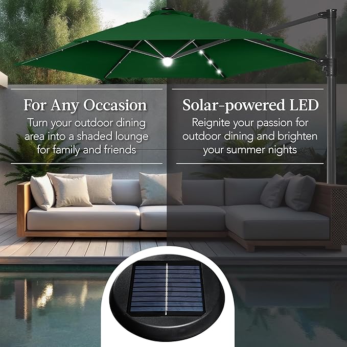 Best Choice Products 10ft Solar LED Offset Cantilever Hanging Market Patio Umbrella, Smooth 360° Rotation, 8 Sturdy Ribs, Easy Adjustment - Green