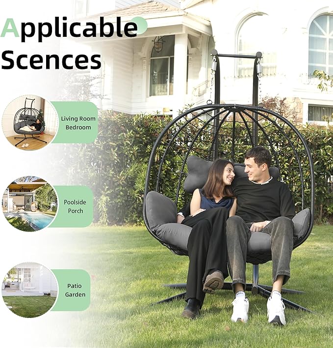 Double Egg Chair with Stand Hammock Swing Chair Foldable Hanging Loveseat, UV Resistant Removable Cushions, 700LBS Capacity for Bedroom, Balcony, Garden(BK-GR)
