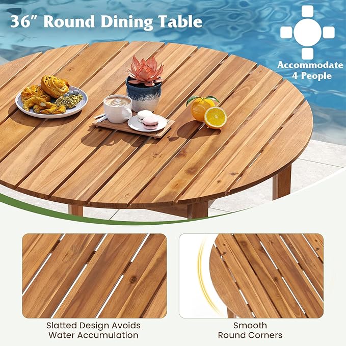 Tangkula 36" Round Outdoor Dining Table for 4, Acacia Wood 4-Person Patio Table with Slatted Tabletop & Adjustable Foot Pads, Indoor Outdoor Dining Furniture for Deck, Garden, Poolside & Backyard
