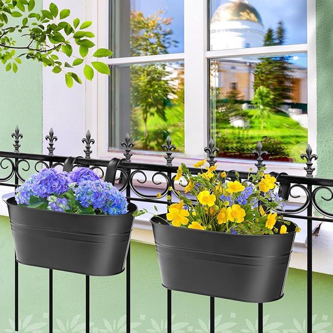 MADHOLLY Railing Planter with Drainage Holes - Sturdy Bucket Pots for Railing Fence, Countryside Style Metal Flower Pots for Herbs Balcony Garden Yard Decor, 2Pcs, Black