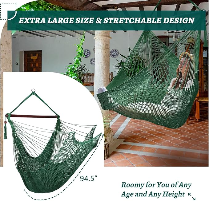 Bathonly Large Hammock Chair with Spreader Bar, Caribbean Hammock Swing Chair, XL Hammock Chair Outdoor Indoor, 330 LBS Weight Capacity, Green