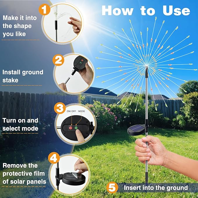 btfarm 4 Pack 120 LED Solar Garden Lights Outdoor, 8 Modes Firework Lights Solar Powered, Waterproof Twinkle Fairy Light Outside for Yard Patio Pathway Pool Christmas Party Decorative, Warm White